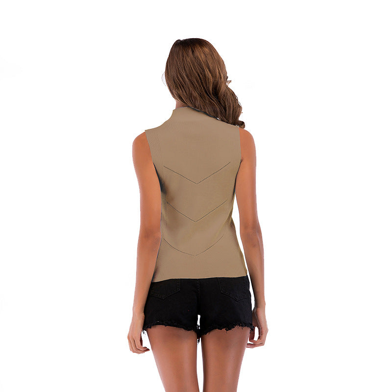 Women Brown Solid High Neck Sleeveless Top