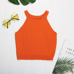 Women Halter Neck Ribbed Sleeveless Crop Top