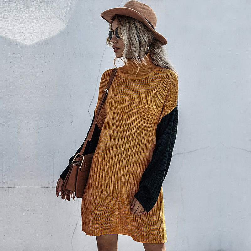 Women Mustard Yellow & Black Colorblocked Sweater Dress