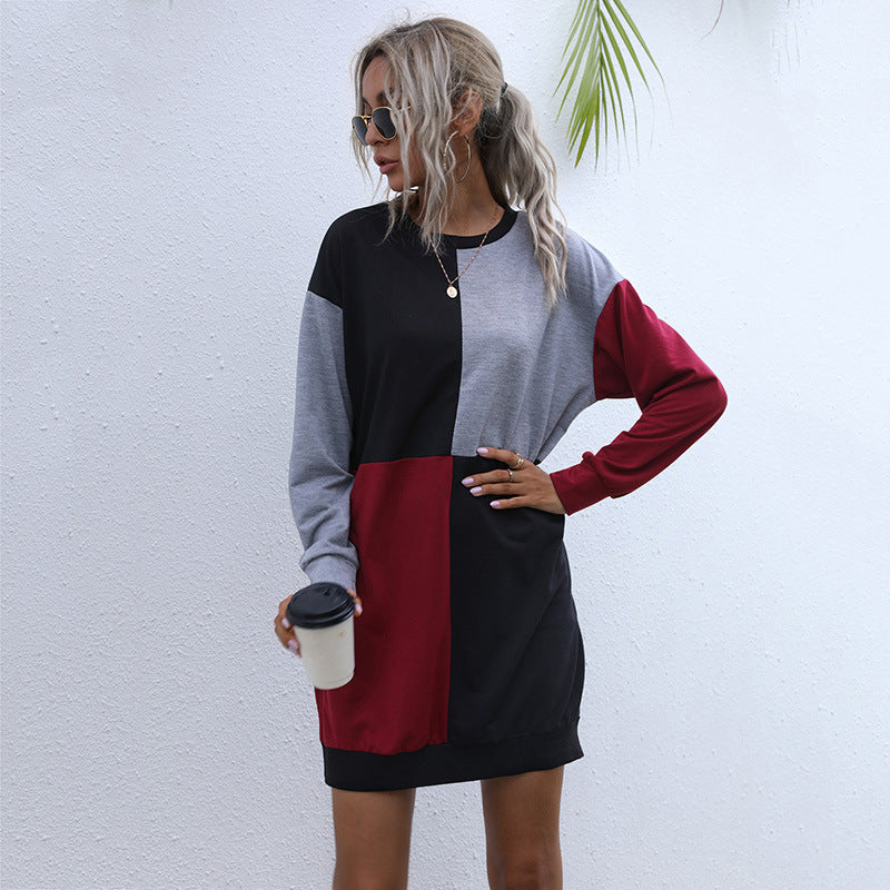 Maroon Colourblocked Round Neck Long Sleeve T-shirt Dress