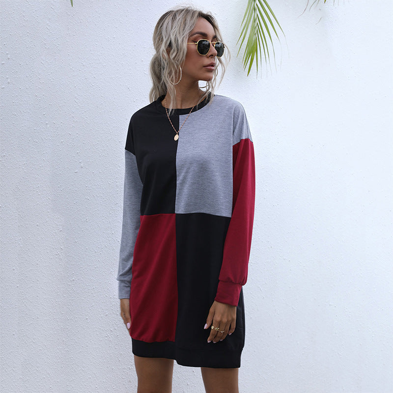 Maroon Colourblocked Round Neck Long Sleeve T-shirt Dress