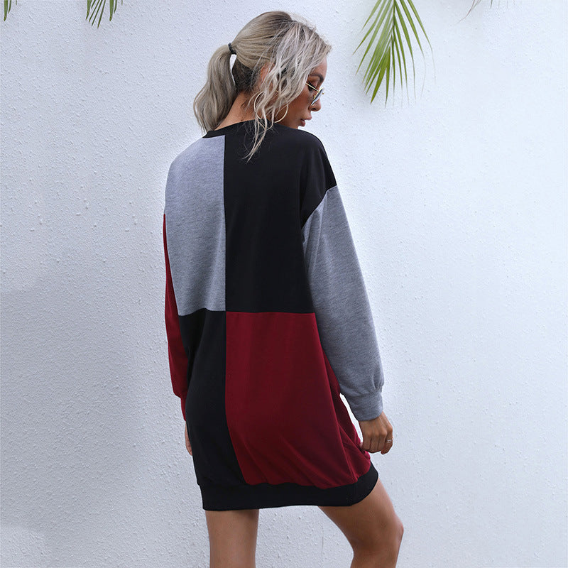 Maroon Colourblocked Round Neck Long Sleeve T-shirt Dress