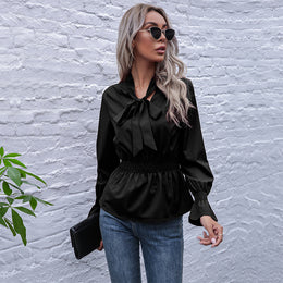 Black Tie-Up Neck Cinched Waist Top