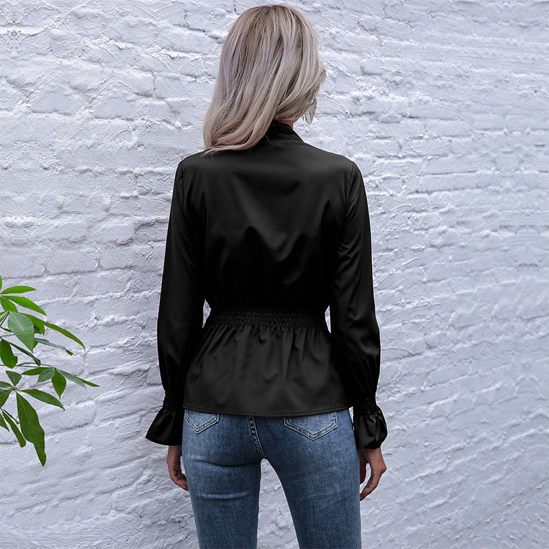 Black Tie-Up Neck Cinched Waist Top