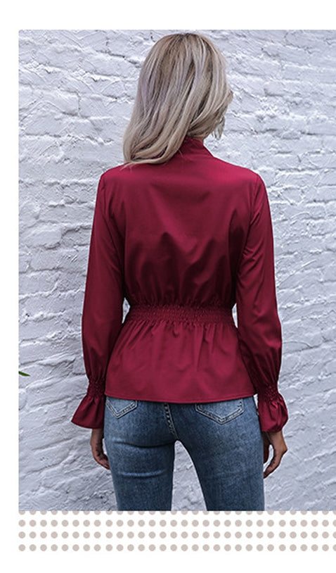 Tie-Up Neck Cinched Waist Top
