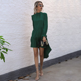 Green Mock neck Long Sleeves Layered A-Line Maxi Dress