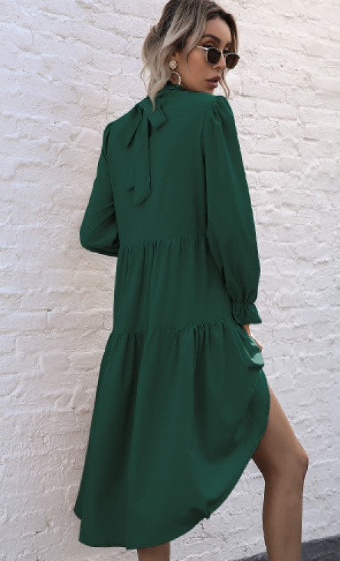 Green Mock neck Long Sleeves Layered A-Line Maxi Dress