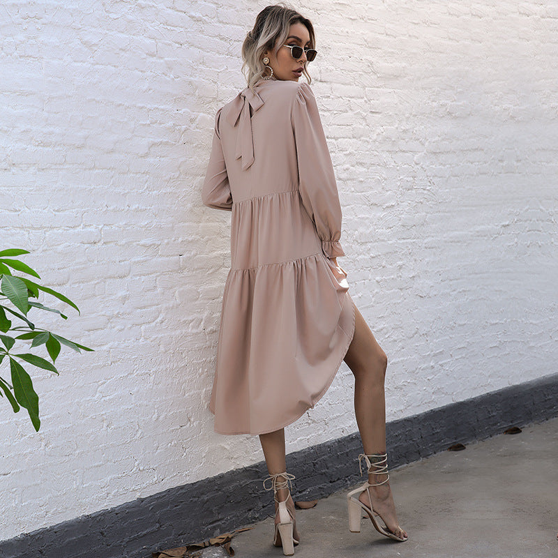 Khaki Bell Sleeve Layered A-Line Midi Dress