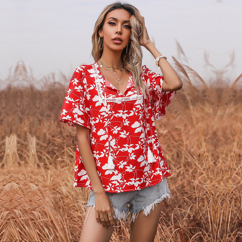 Women Red & White Floral Print Tie-Up Neck Top