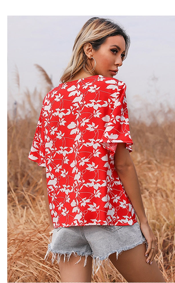 Women Red & White Floral Print Tie-Up Neck Top
