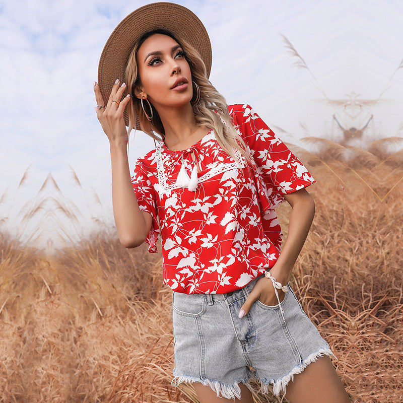 Women Red & White Floral Print Tie-Up Neck Top