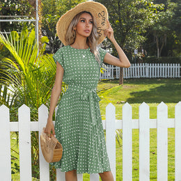 Green Polka Dot Print Midi A-line Dress