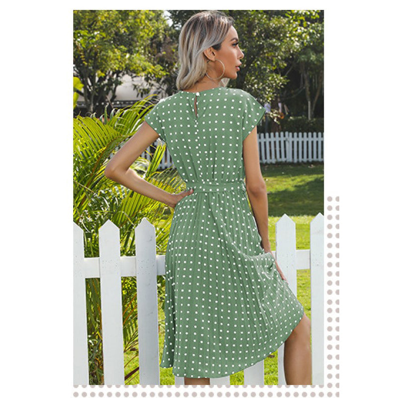 Green Polka Dot Print Midi A-line Dress