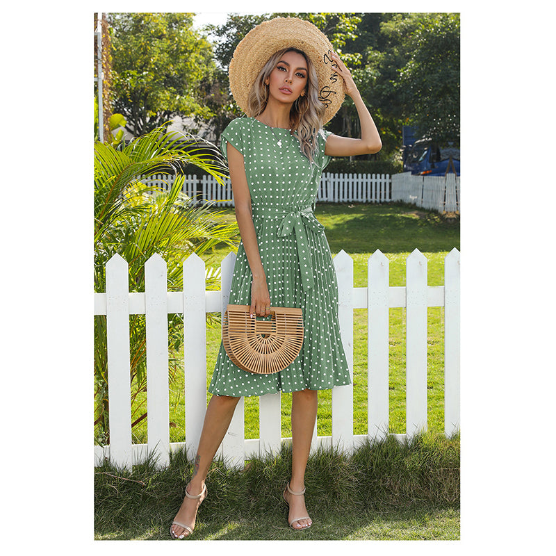 Green Polka Dot Print Midi A-line Dress