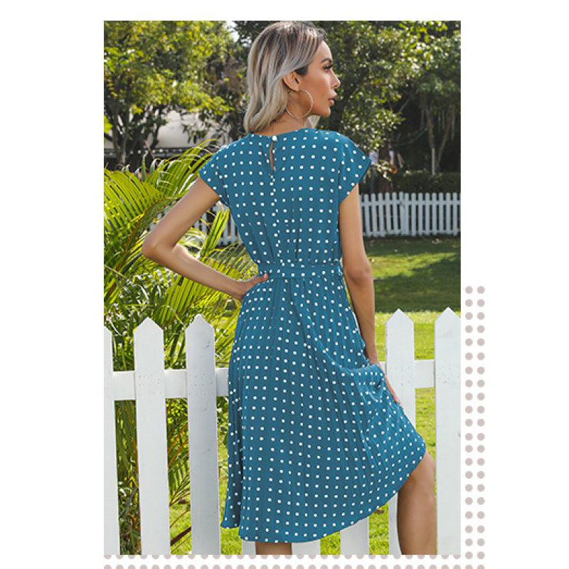 Blue Polka Dot Printed A-Line Midi Dress