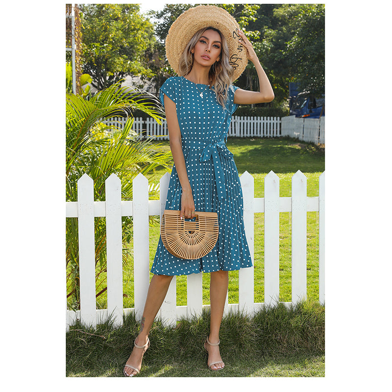 Blue Polka Dot Printed A-Line Midi Dress