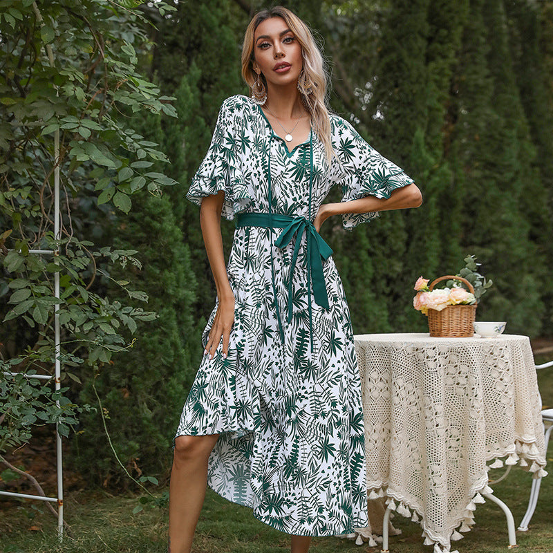 Women Green & White Floral A-Line Midi Dress