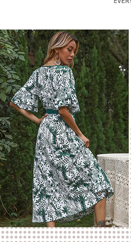Women Green & White Floral A-Line Midi Dress