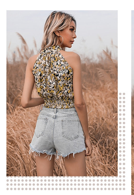 Yellow Floral Print Choker Neck Cinched Waist Top