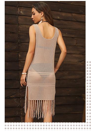 Beige Geometric Fringed A-Line Dress
