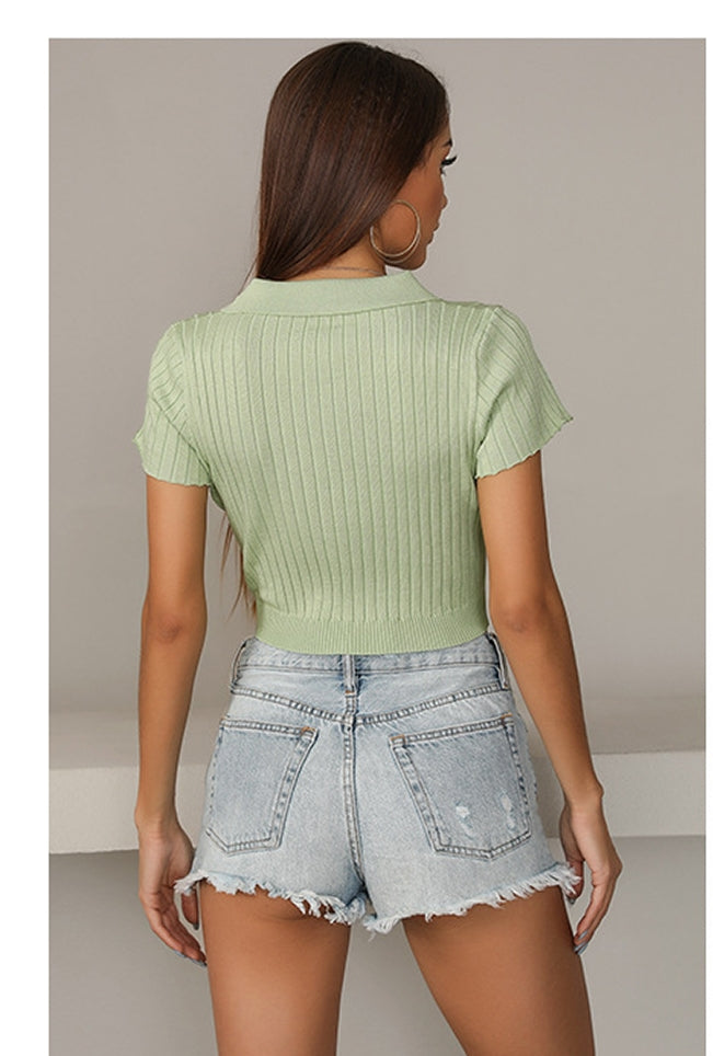 Green Shirt Collar Striped Crop Top