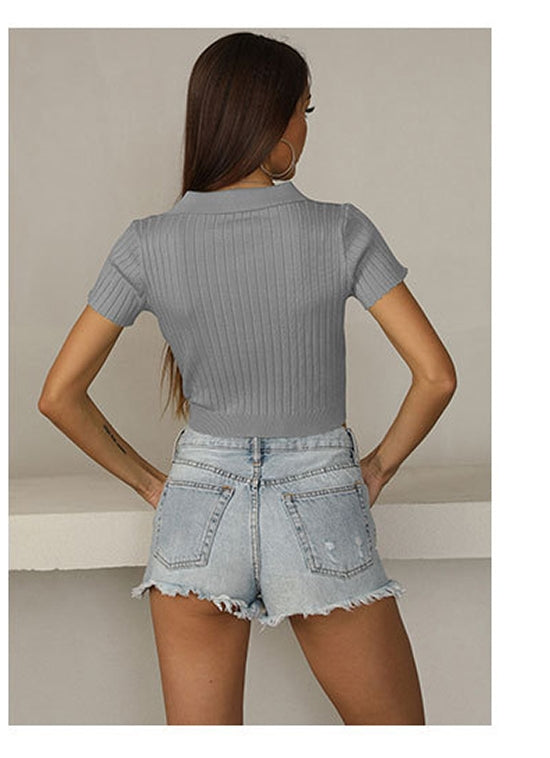 Blue Striped Extended Sleeves Shirt Style Crop Top