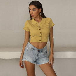 Women Yellow Extended Sleeves Shirt Style Crop Top