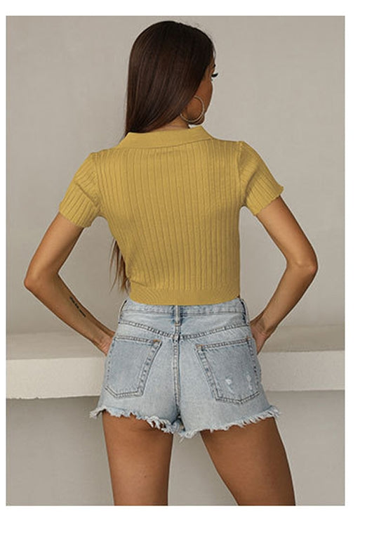 Women Yellow Extended Sleeves Shirt Style Crop Top