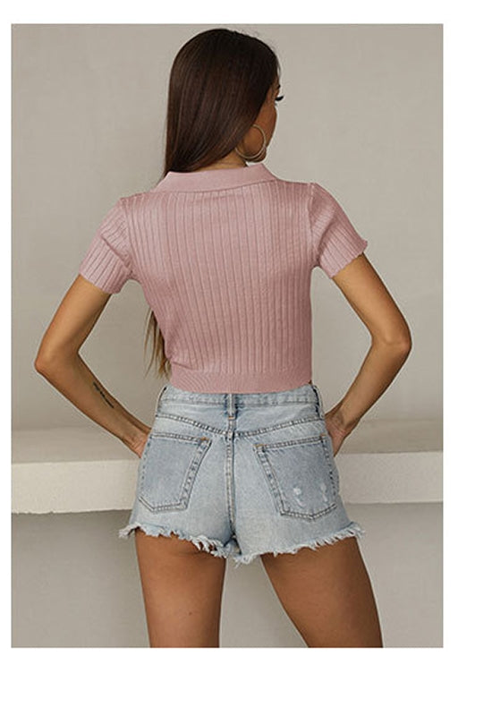 Pink Striped Shirt Style Knitted Crop Top