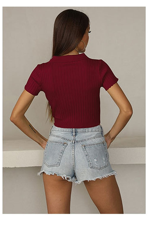 Women Maroon Solid Shirt Collar Crop Fitted Top