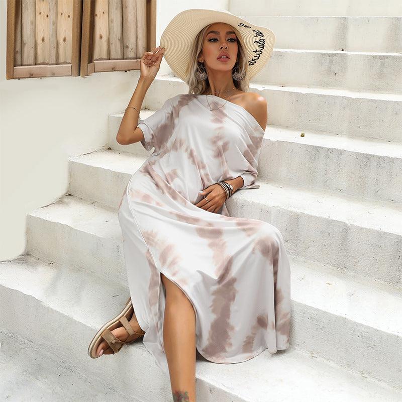 Off-Shoulder Tie & Dye Said Slit Maxi A-Line Dress