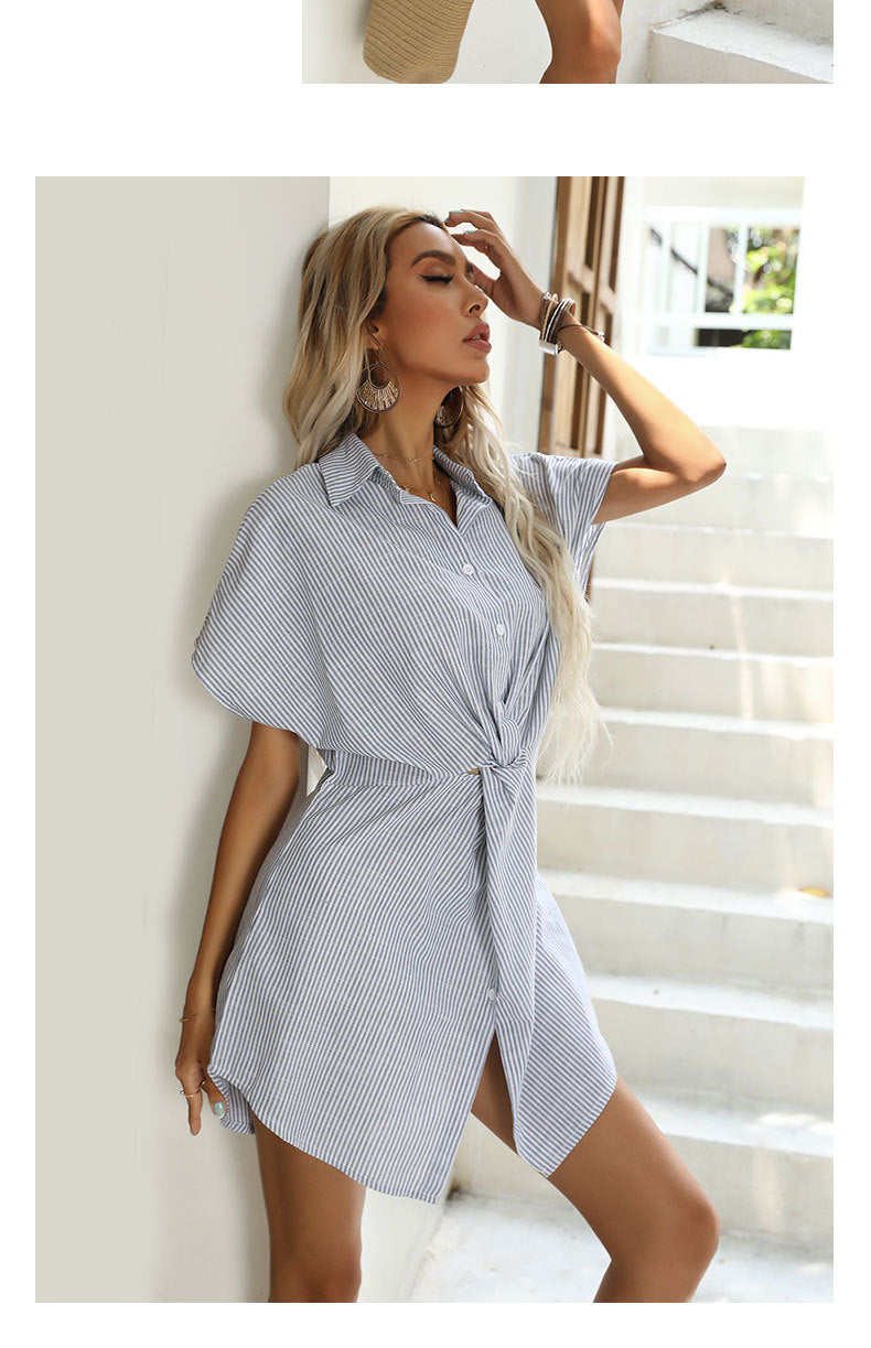 Shirt Collar Striped Mini Shirt Dress