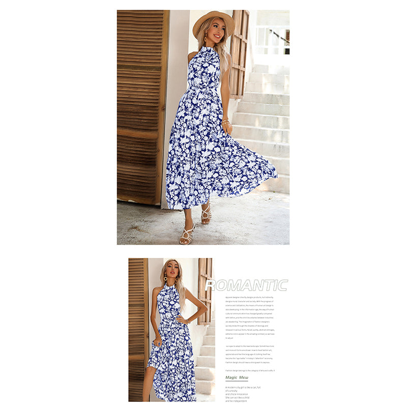 Blue & White Floral Print Fit & Flare Midi Dress