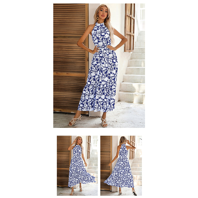 Blue & White Floral Print Fit & Flare Midi Dress