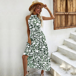 Green Floral Printed High Neck Maxi Dress