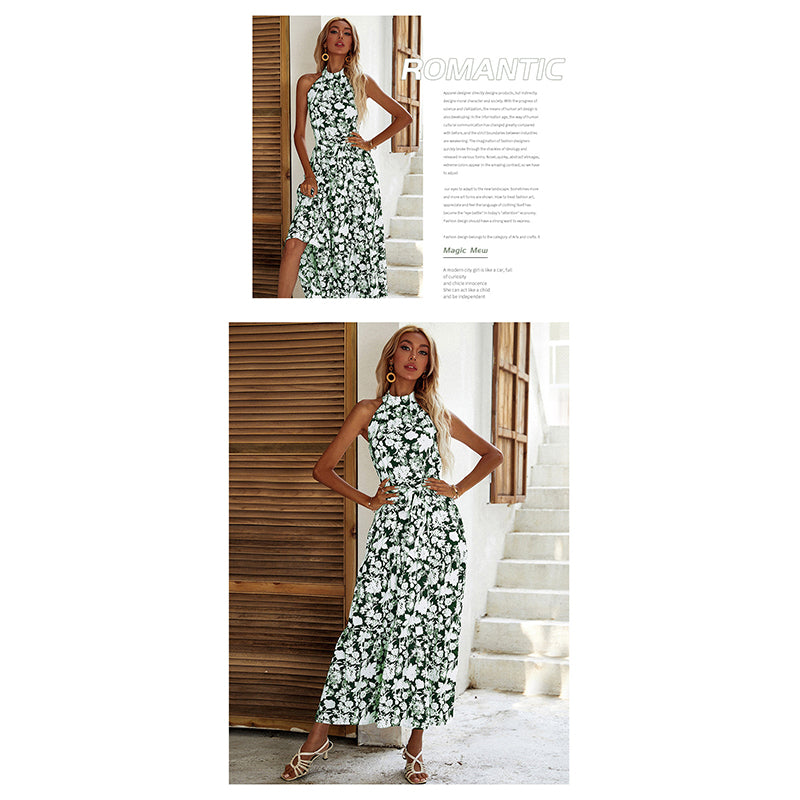 Green Floral Printed High Neck Maxi Dress