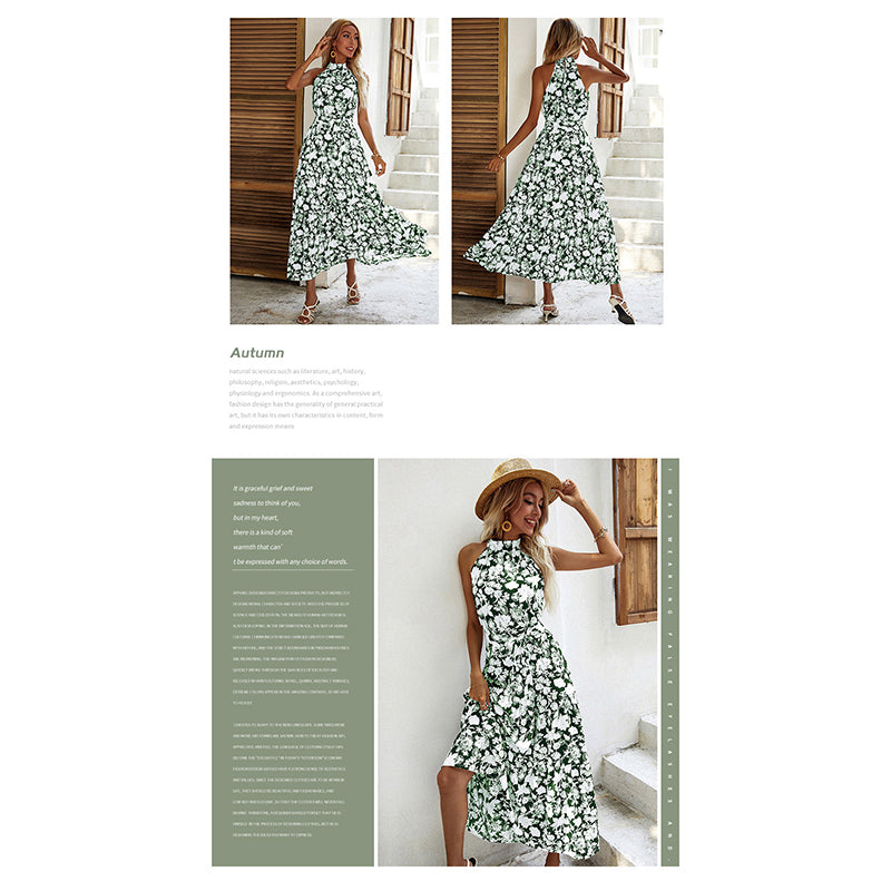 Green Floral Printed High Neck Maxi Dress
