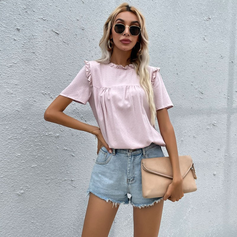 Pink Self Design Dobby Short Sleeves Ruffles Top