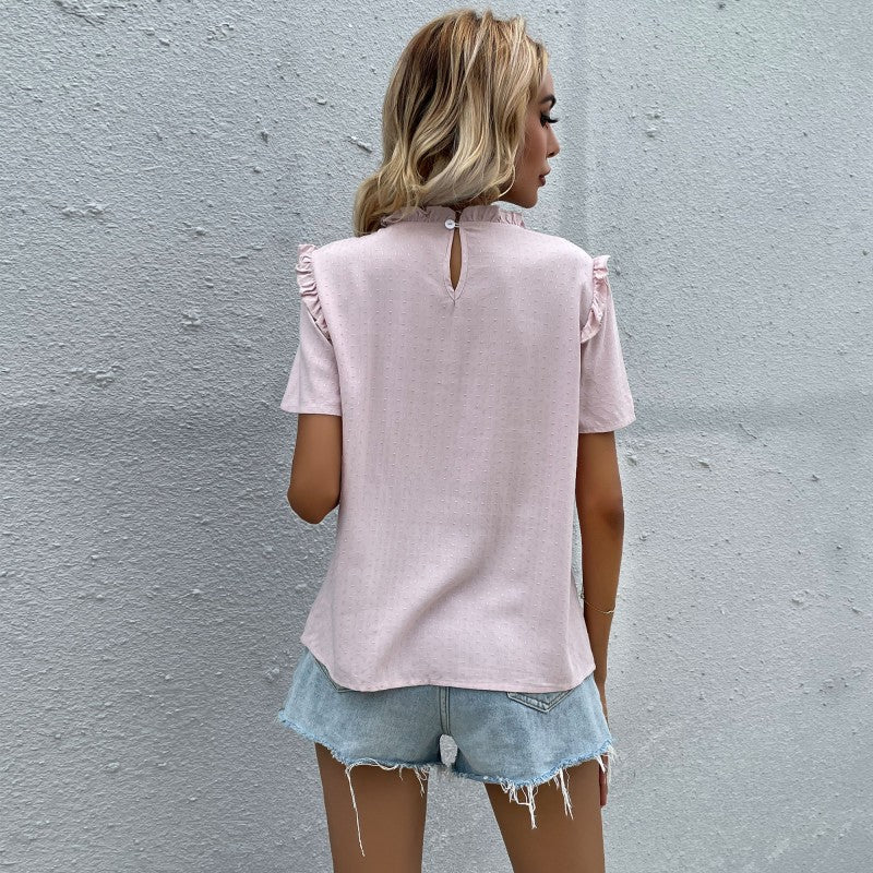 Pink Self Design Dobby Short Sleeves Ruffles Top