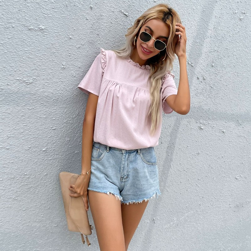 Pink Self Design Dobby Short Sleeves Ruffles Top