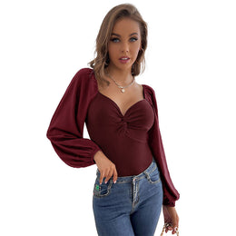 Maroon Sweetheart Neck Puff Sleeve Bodysuit