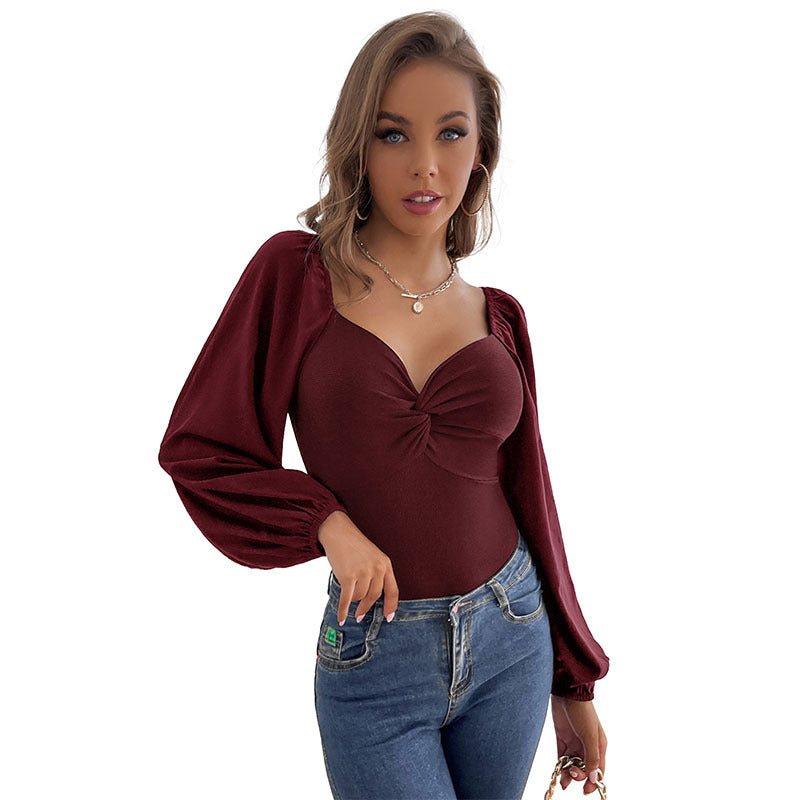 Maroon Sweetheart Neck Puff Sleeve Bodysuit