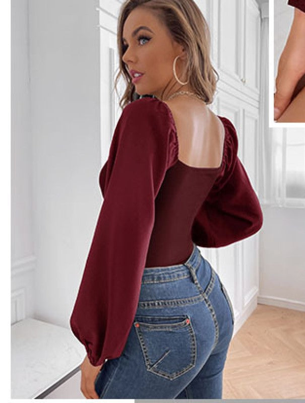 Maroon Sweetheart Neck Puff Sleeve Bodysuit