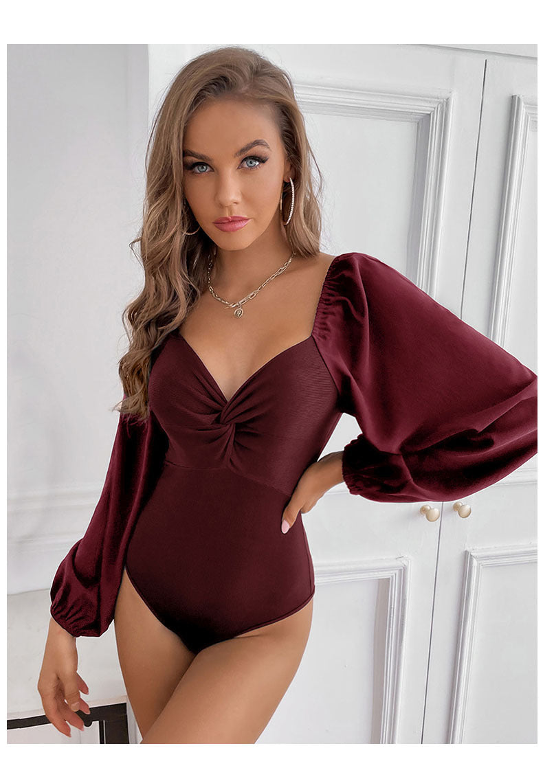 Maroon Sweetheart Neck Puff Sleeve Bodysuit