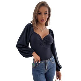 Navy Blue Sweetheart Neck Puff Sleeve Top