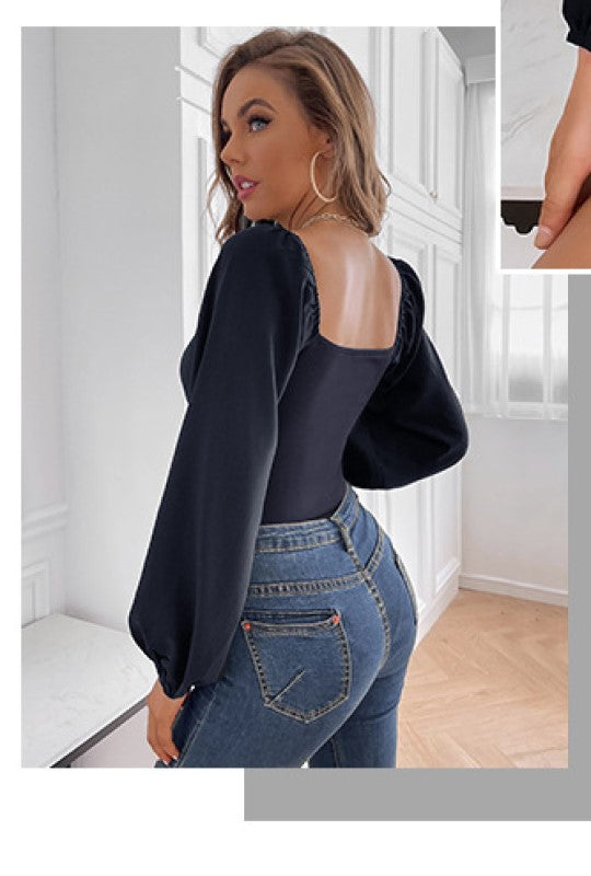 Navy Blue Sweetheart Neck Puff Sleeve Top