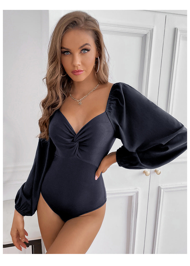 Navy Blue Sweetheart Neck Puff Sleeve Top