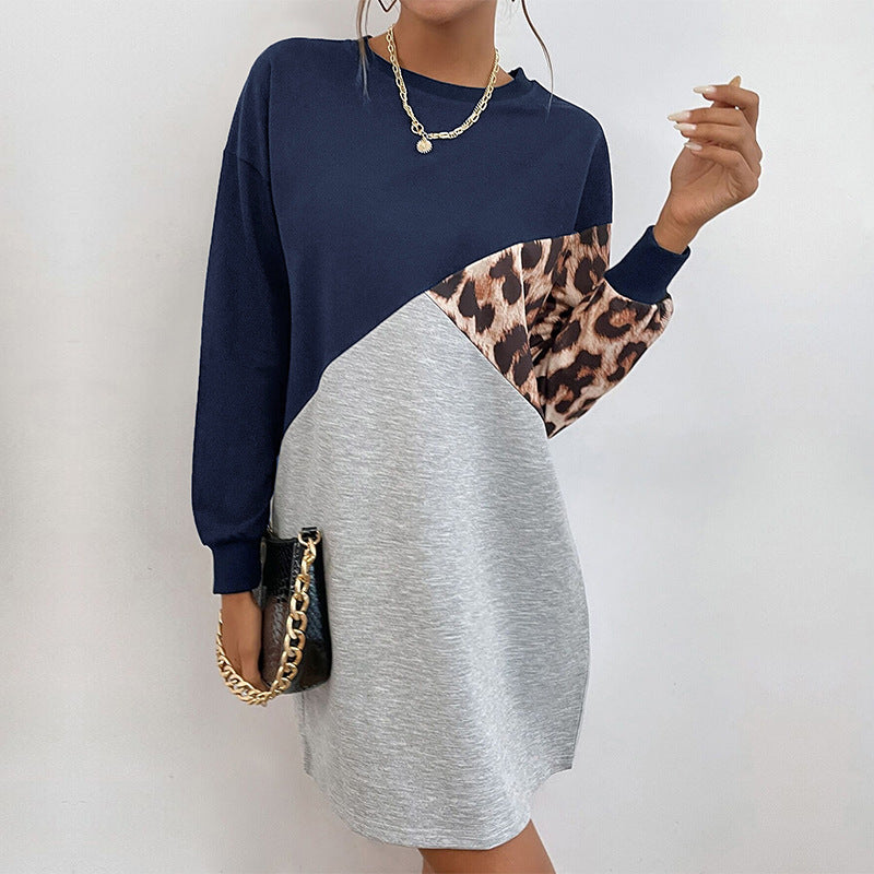 Navy Blue Colourblocked Round Neck Cuffed Sleeves T-shirt Dress