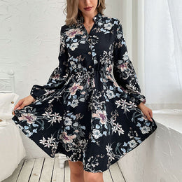 Black Floral Printed Cuffed Sleeves Fit & Flare Dress