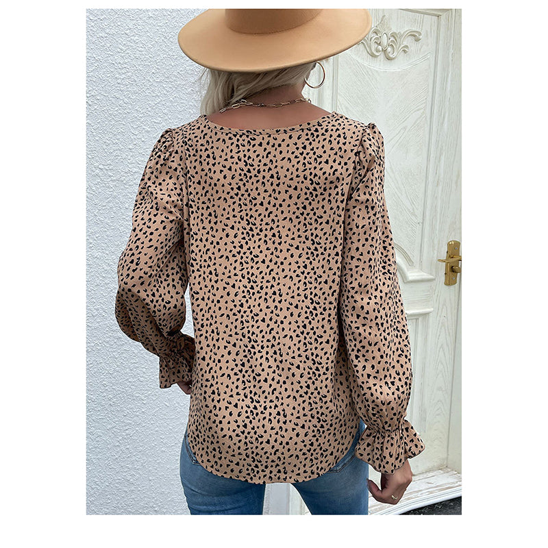 Beige Animal Print Puff Sleeve Top